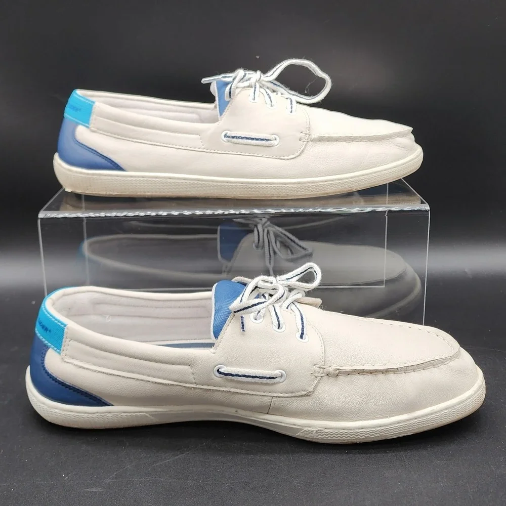 Sperry Size 13 M White Blue Leather Boat Shoes Nautical Preppy Coastal Casual LO